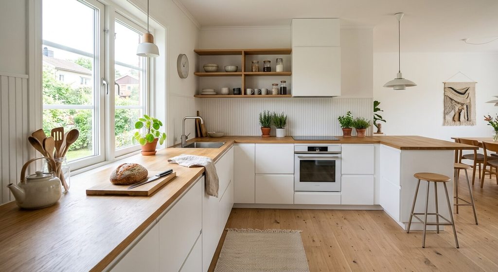 Cuisine scandinave lumineuse avec meubles blancs mats et plan de travail en chêne clair.