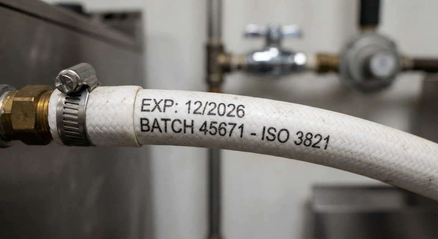 Gros plan sur la date d'expiration imprimée sur un flexible de gaz en caoutchouc blanc.