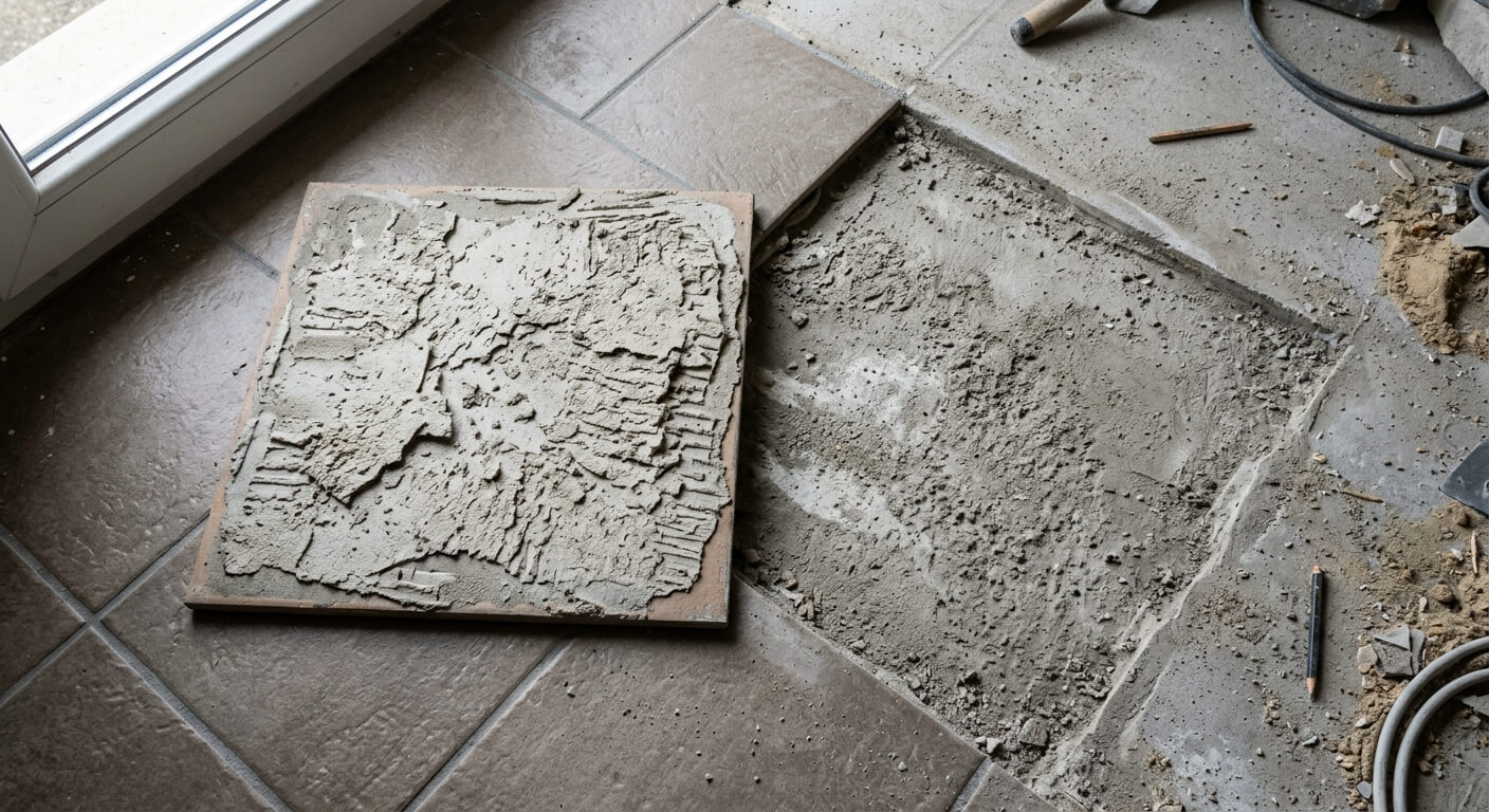 Carreau de sol descellé montrant un mortier-colle resté sec sur une chape poussiéreuse sans primaire.
