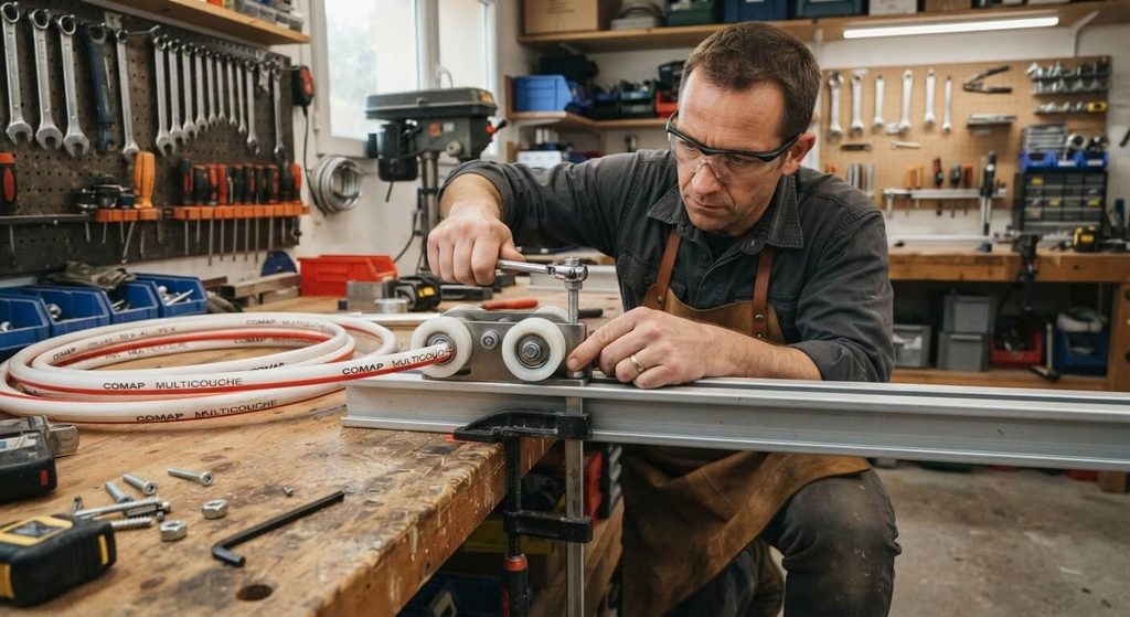 Redresseur multicouche fait maison : fabrication, gabarit et cintrage sans pliure 3 Bricoleur montant des galets de guidage sur un profilé métallique pour redresser du multicouche.