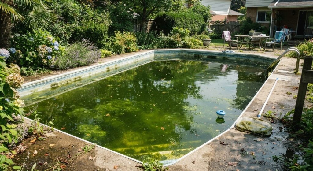 Eau de piscine verte : le remède de grand-mère qui marche 2 Bassin de piscine familiale à l'eau trouble et verte envahie par les algues en plein été.