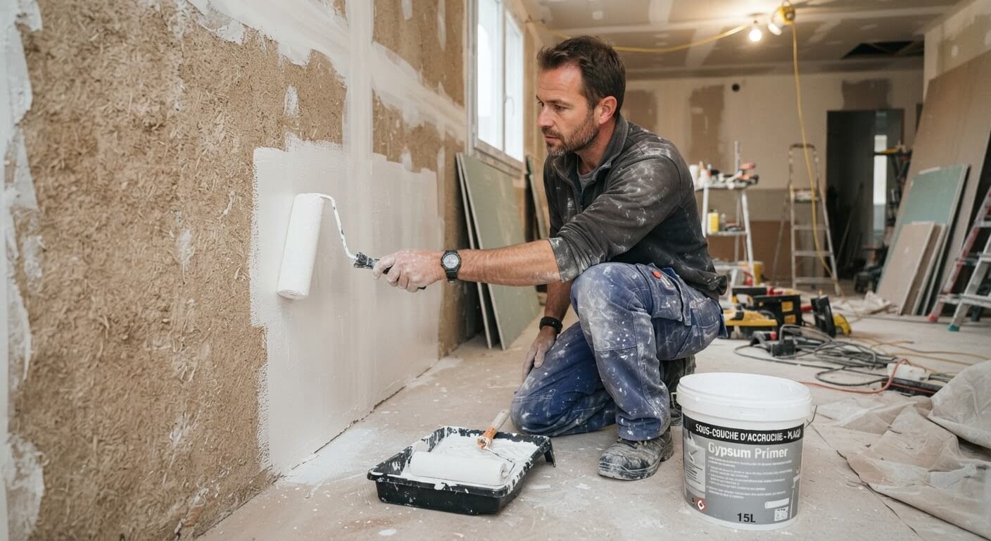 Plaquiste appliquant une sous-couche d'accroche pour rattraper une plaque de plâtre posée à l'envers.