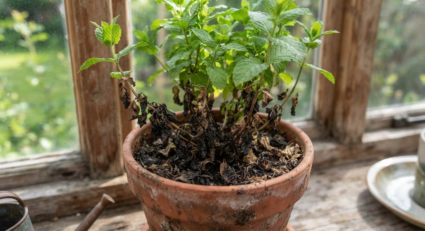 Pied de menthe en pot présentant des feuilles brunies et mortes à la base des tiges.