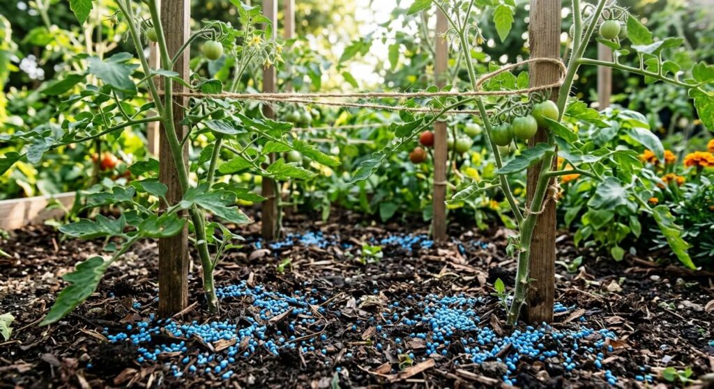 Fréquence d'utilisation de l'engrais bleu : calendrier, dosage et risques de brûlure 2 Granulés d'engrais bleu universel répartis au pied de plants de tomates au potager.