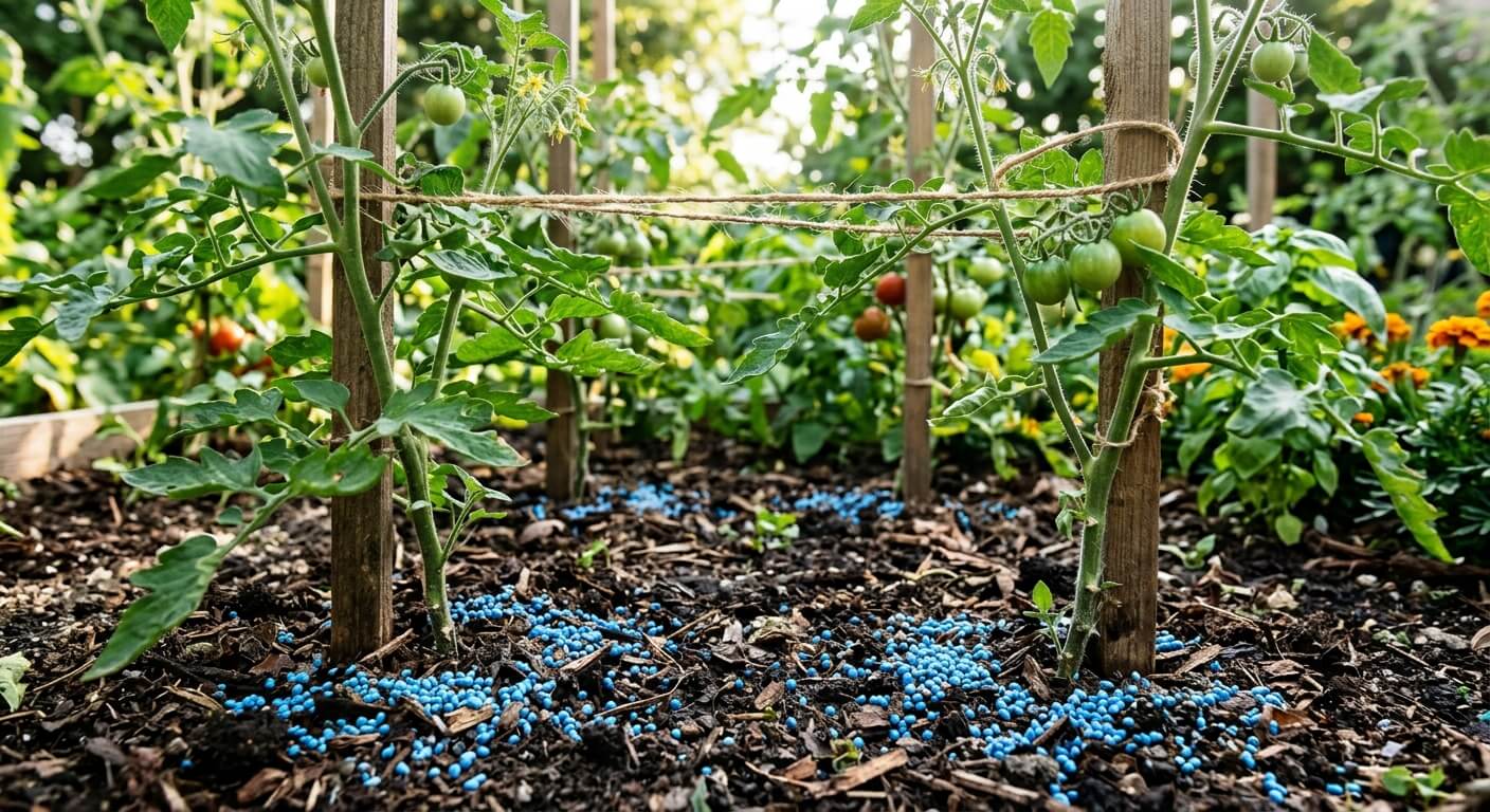 Granulés d'engrais bleu universel répartis au pied de plants de tomates au potager.