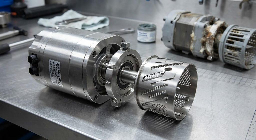 Sanibroyeur installé depuis plus de 10 ans : conformité et usure 4 Bloc moteur et panier râpeur en acier inoxydable d'un broyeur WC pour remplacement préventif.