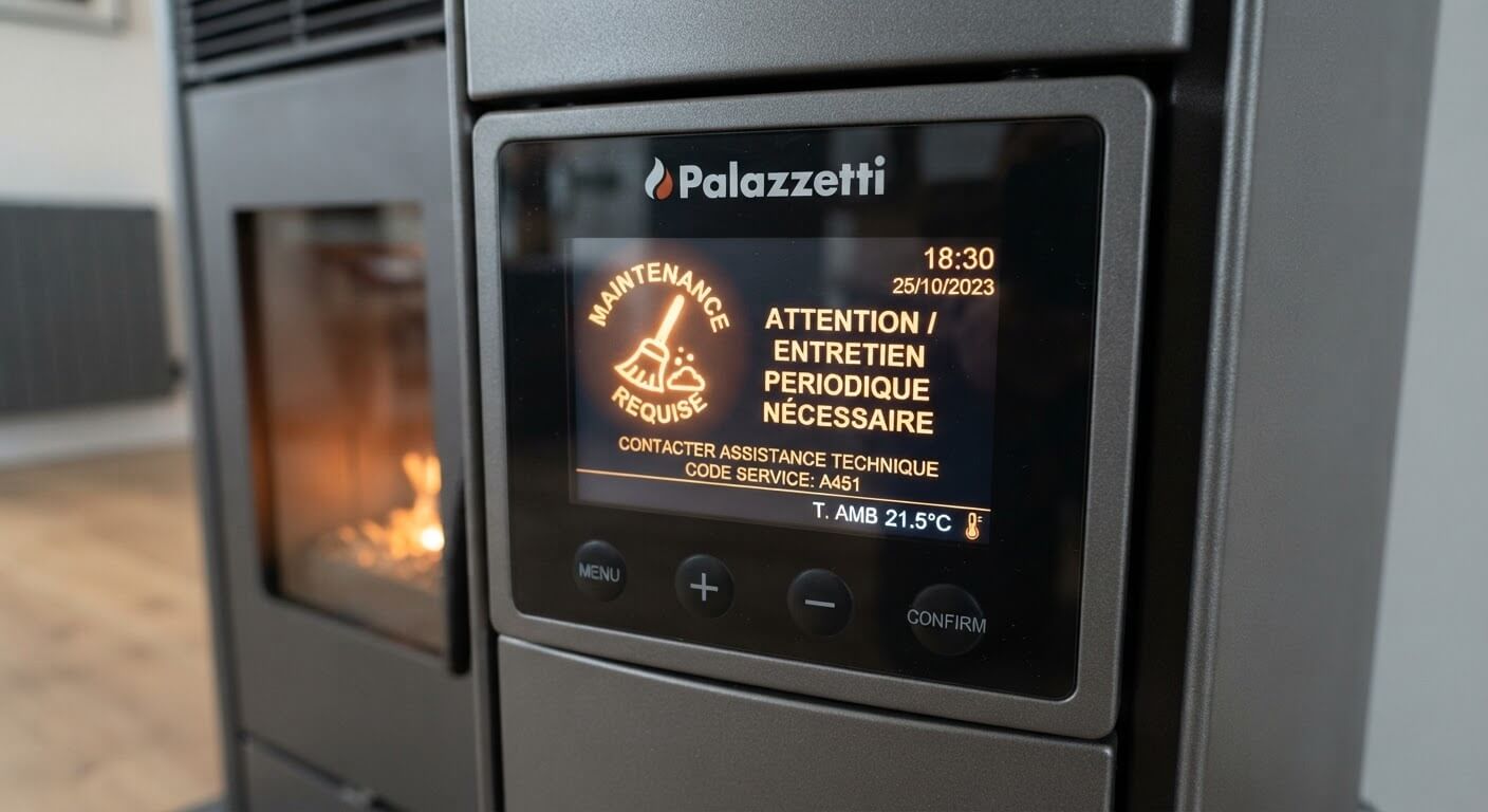 Écran digital d'un poêle à granulés Palazzetti affichant l'icône de balai et le message d'entretien.
