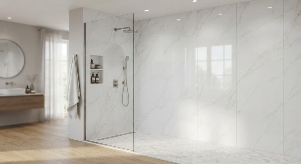 Panneau de PVC ou céramique : le match des douches au Québec 8 Douche contemporaine habillée de grands panneaux muraux en PVC effet marbre blanc sans joints de coulis.