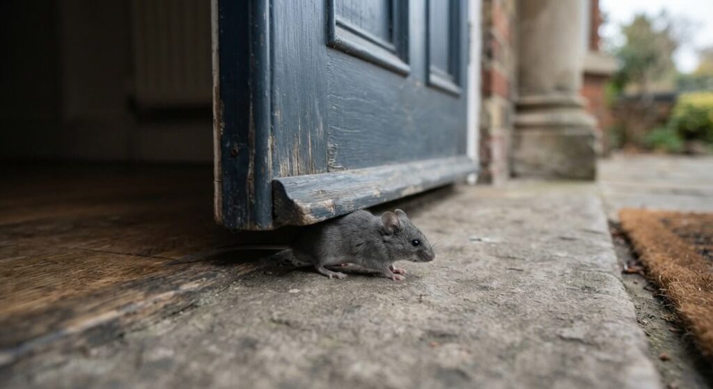 Souris qui rentre dans la maison : signification et croyances 2 Petite souris grise se faufilant dans l'interstice sous une porte d'entrée de maison.