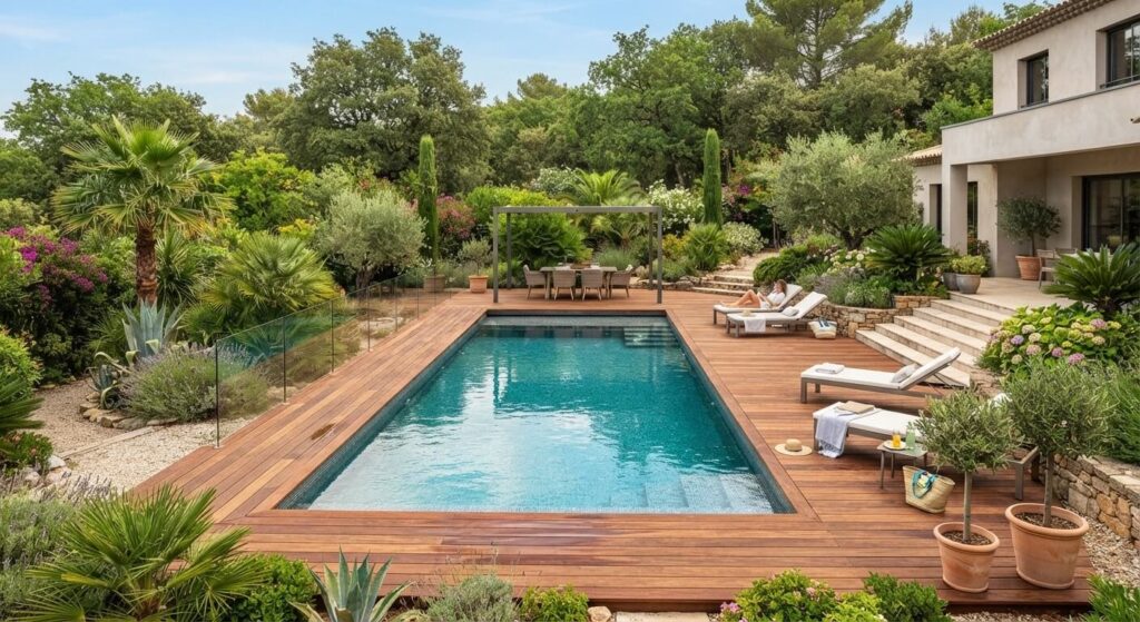Piscine enterrée contemporaine entourée d'une terrasse en bois exotique dans un jardin paysager arboré.