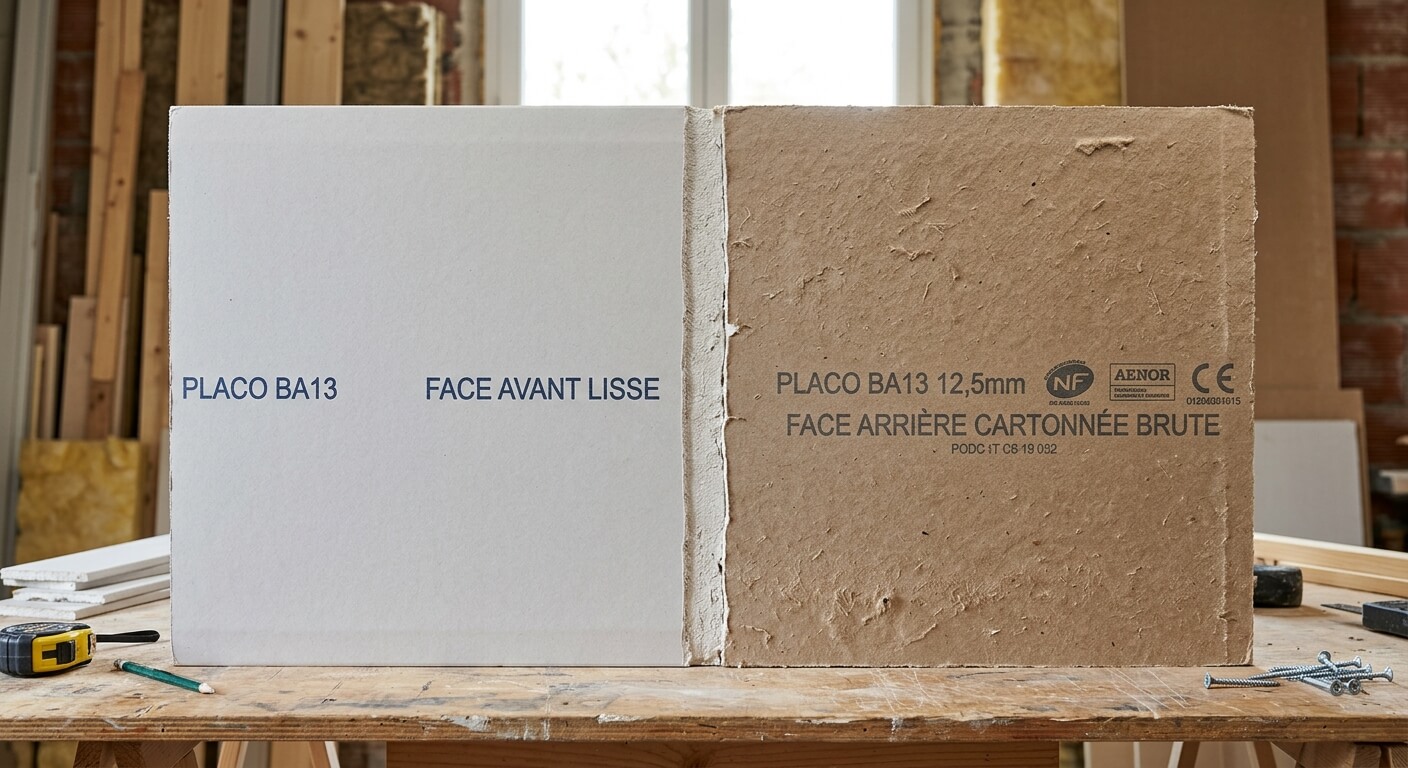 Comparaison entre la face avant lisse et la face arrière cartonnée brute d'une plaque de placo BA13.