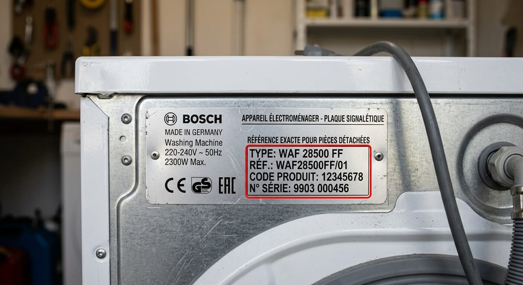 Gros plan sur la plaque signalétique d'un appareil électroménager indiquant la référence exacte pour commander la bonne pièce détachée.