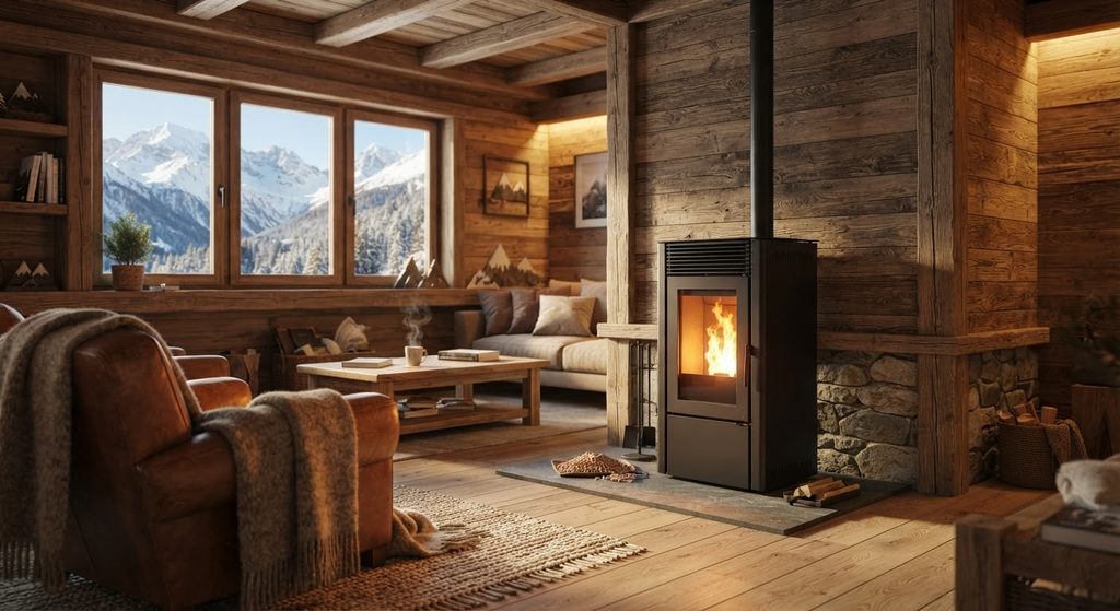 Isolation, chauffage, orientation : comment choisir un logement performant à la montagne ? 3 Poêle à granulés de bois allumé dans le salon d'un logement de montagne bien chauffé et isolé.