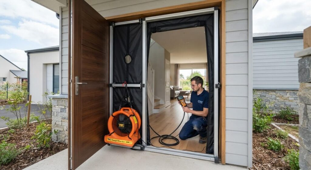 Test d'étanchéité à l'air non conforme : causes et solutions 2 Porte soufflante de test d'infiltrométrie installée sur la porte d'entrée d'une maison neuve.Porte soufflante de test d'infiltrométrie installée sur la porte d'entrée d'une maison neuve.