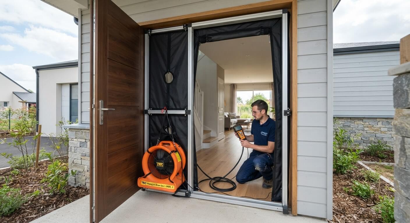 Porte soufflante de test d'infiltrométrie installée sur la porte d'entrée d'une maison neuve.Porte soufflante de test d'infiltrométrie installée sur la porte d'entrée d'une maison neuve.