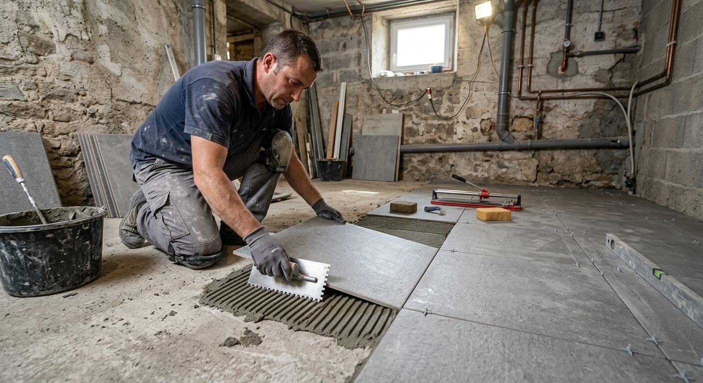 Pose de carreaux de carrelage en grès cérame au peigne à colle sur une chape de cave.