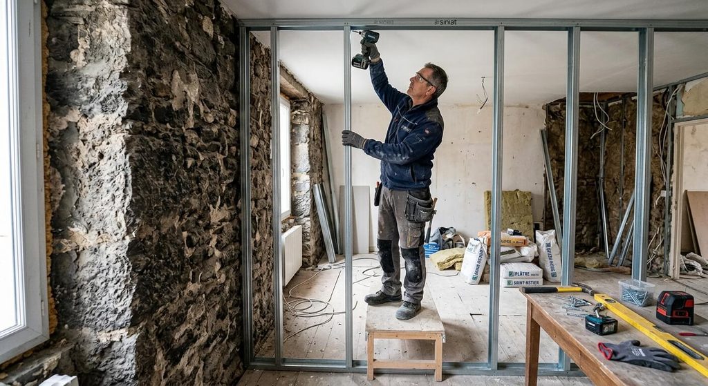 Mur pas droit dans une maison ancienne : normal ou inquiétant 3 Montage d'une ossature métallique sur rails pour rattraper la verticalité d'un mur irrégulier en rénovation.