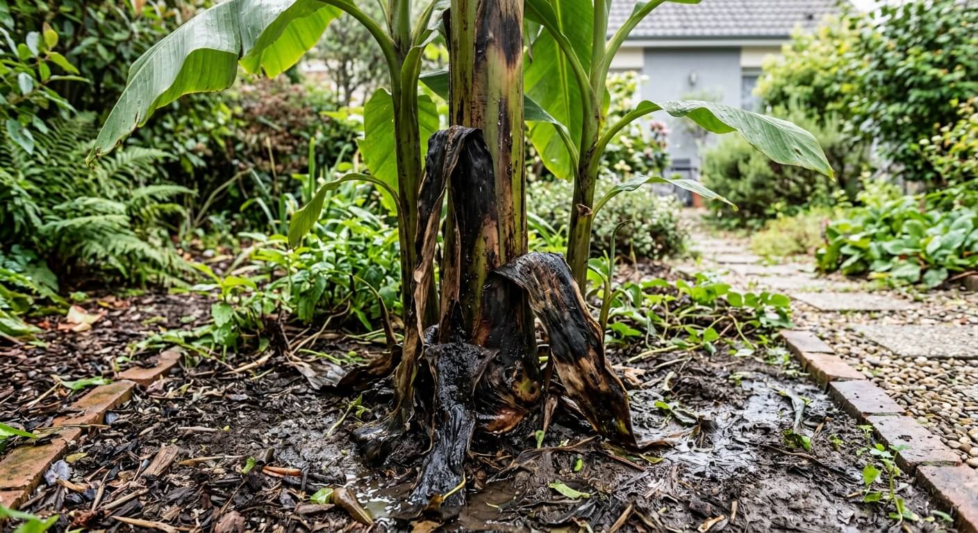 Tronc de bananier extérieur présentant des gaines foliaires noircies et ramollies par l'excès d'eau.