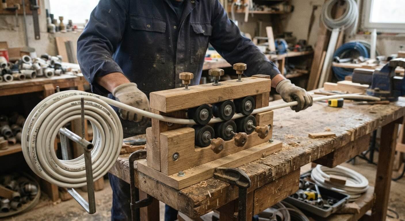 Outil artisanal en bois et roulettes de guidage pour redresser une couronne de tube multicouche.