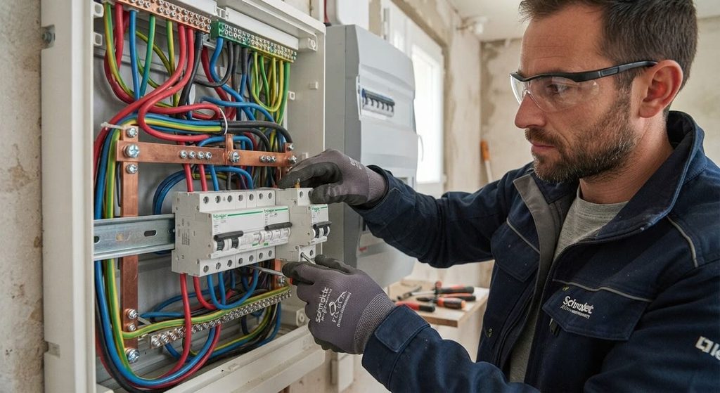 Fusible en porcelaine interdit : ce que dit vraiment la norme 4 Électricien installant des disjoncteurs magnétothermiques sur un rail DIN moderne.