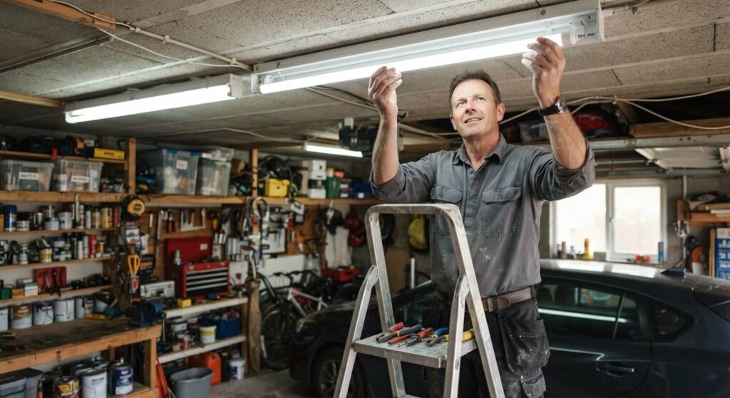 Fin des tubes fluorescents : comment rééquiper garage, cave et buanderie sans se tromper 6 Bricoleur installant un tube LED de remplacement dans un support d'éclairage au plafond d'un garage.