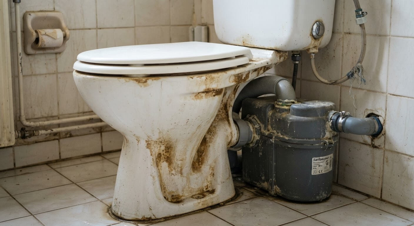 Sanibroyeur compact installé derrière une cuvette de WC présentant des traces de calcaire après dix ans d'usage.