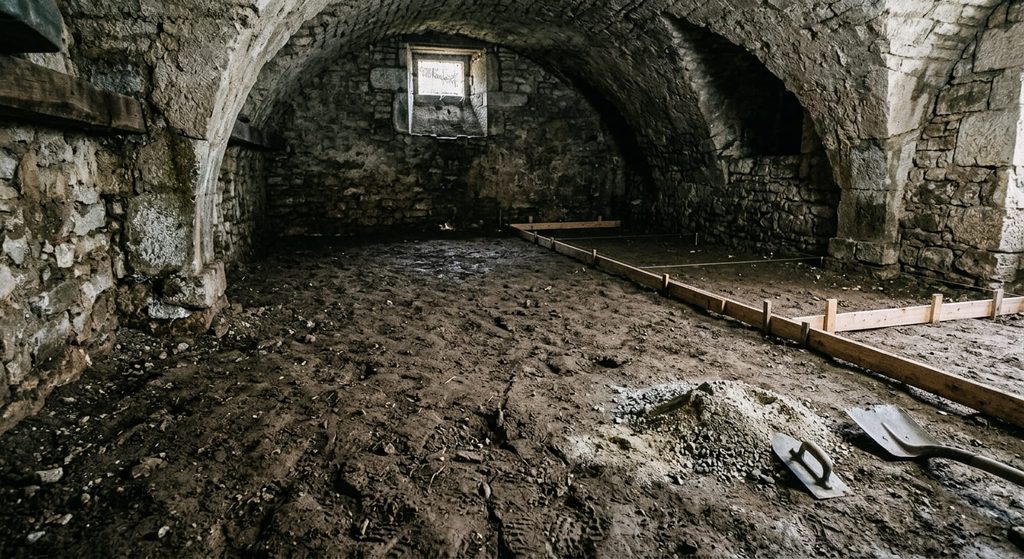 Carreler une cave : les précautions avant de poser le carrelage 3 Sol de cave ancienne en terre battue avant la réalisation d'une dalle respirante adaptée au carrelage.