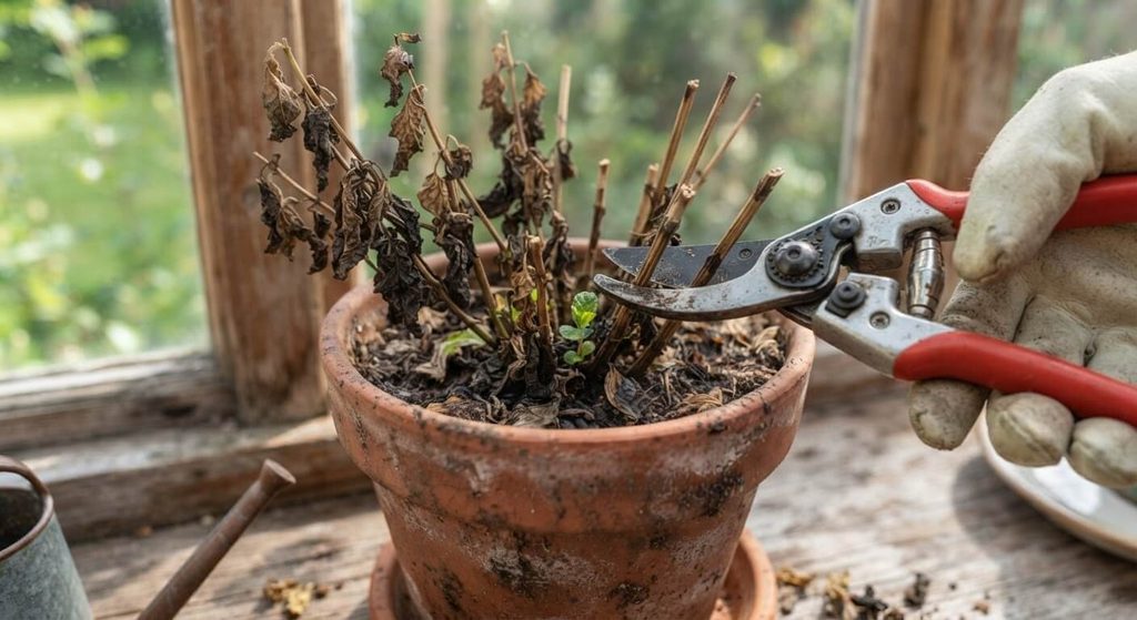 Menthe aux feuilles mortes : les causes et comment la sauver 3 Rabattage au sécateur d'un plant de menthe desséché pour stimuler de nouvelles pousses vertes.