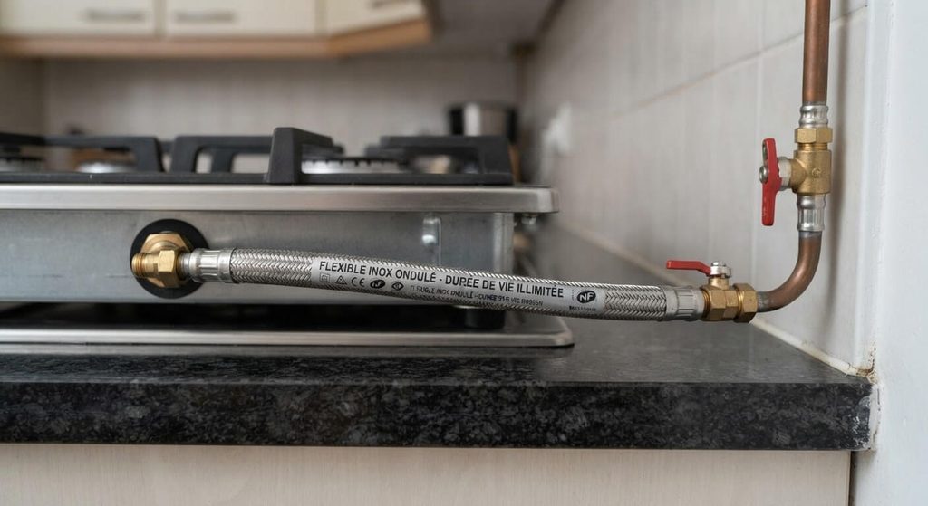 Tuyau de gaz périmé : les risques réels et durées de vie 4 Raccordement d'une table de cuisson avec un flexible en inox ondulé à durée de vie illimitée.