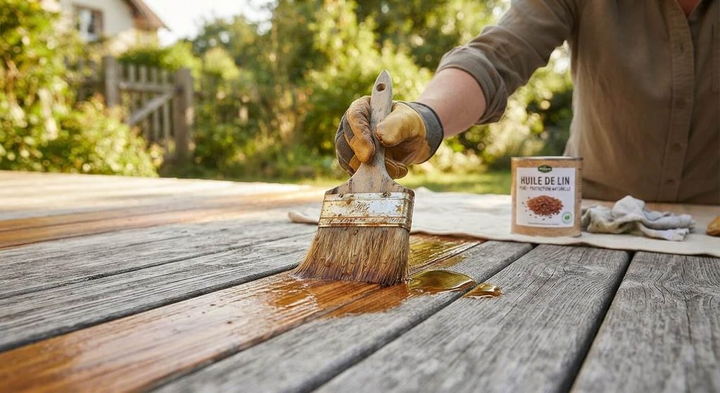 Huile de vidange sur bois : pourquoi c'est interdit et inefficace 4 Application d'une couche d'huile de lin naturelle et protectrice au pinceau sur du bois extérieur.