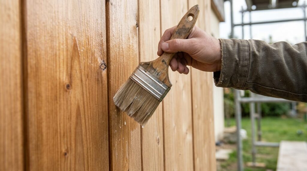 Vernis bois hydrofuge Woodprotect incolore extérieur : application, avis et tenue 2 Application au pinceau plat d'un vernis hydrofuge incolore sur un bardage en bois extérieur.