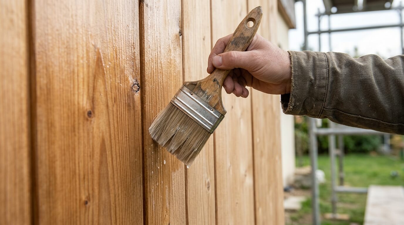 Application au pinceau plat d'un vernis hydrofuge incolore sur un bardage en bois extérieur.