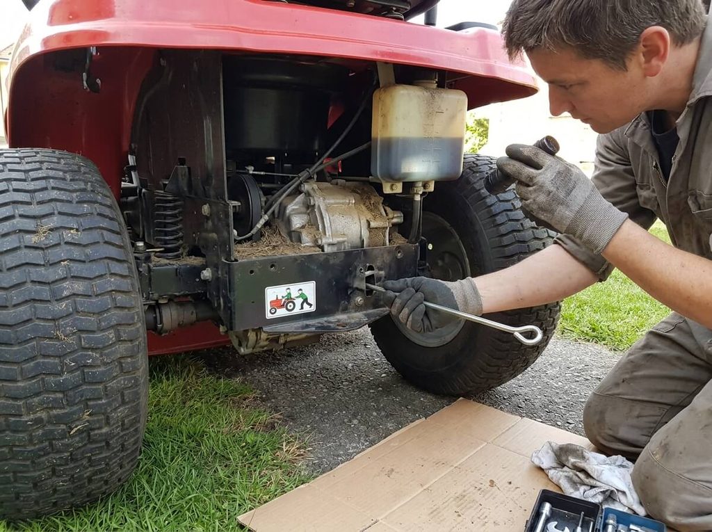 Problème de tracteur tondeuse Honda 2417 : pannes, boîte hydrostatique et démarrage 3 Contrôle de l'huile et du levier de débrayage de boîte hydrostatique sous le châssis d'une tondeuse.