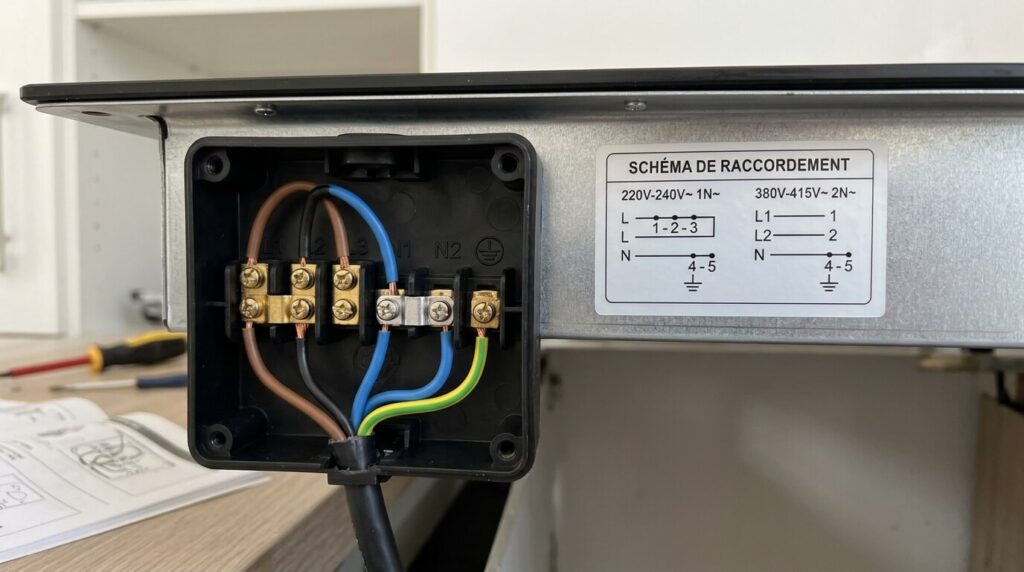 Bornier électrique sous une plaque à induction montrant le schéma de raccordement des phases et du neutre.