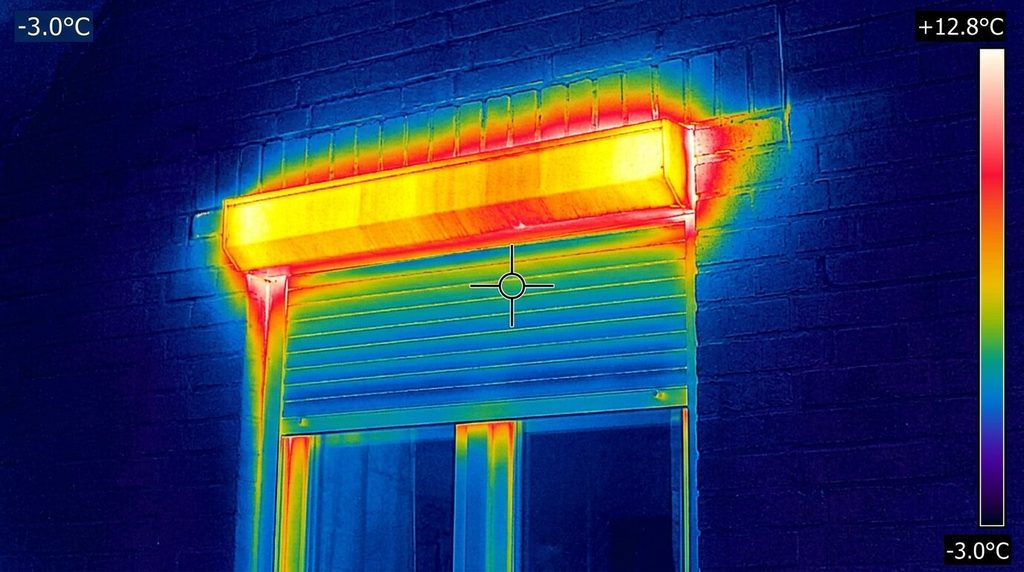 Image thermographique révélant les déperditions de chaleur et ponts thermiques autour du coffre d'un volet roulant.
