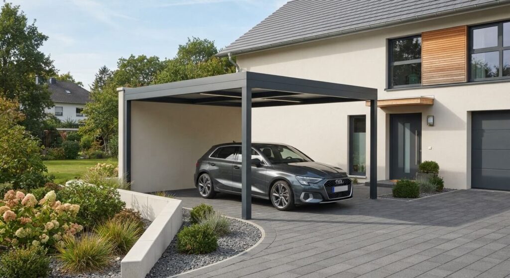 Installer un carport chez soi : démarches, choix du modèle et conseils de pose 2 Carport contemporain en aluminium gris anthracite adossé au mur d'une maison individuelle pour abriter un véhicule.