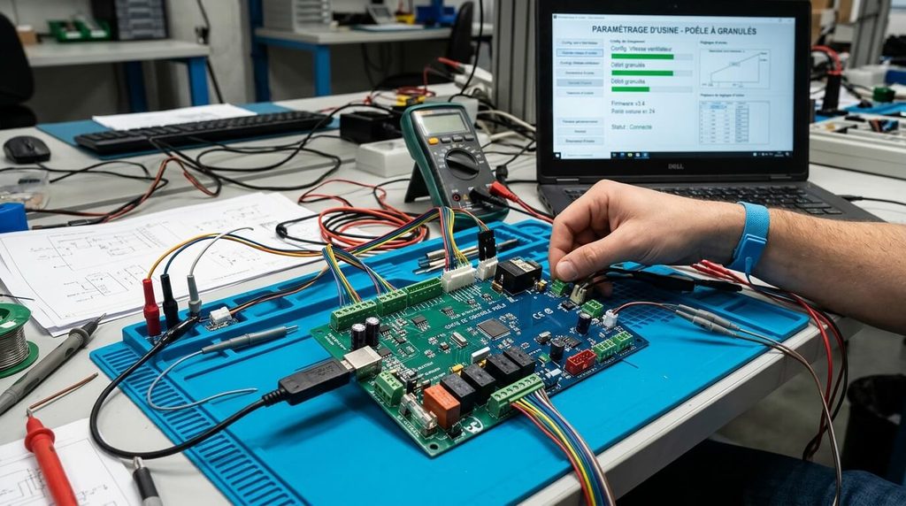 Code technicien Brisach : codes d'accès et remise à zéro entretien 4 Carte mère électronique de contrôle de poêle à granulés pour paramétrage d'usine.