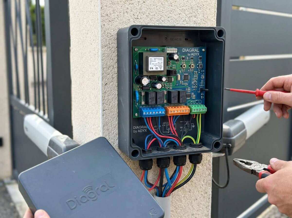 Carte électronique de gestion d'un automatisme de portail battant Diagral by Adyx ouverte.