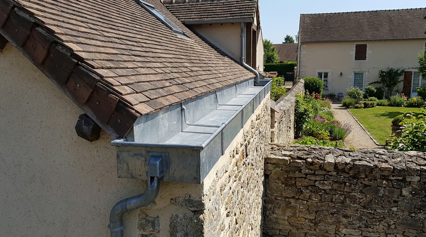 Chéneau encaissé en zinc installé en haut d'un mur privatif bordant une parcelle voisine.