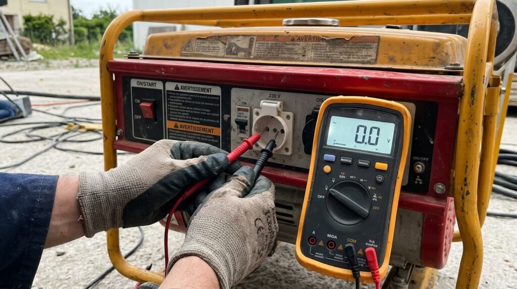 Pourquoi mon groupe électrogène ne fournit plus de courant ? 2 Prise de mesure au voltmètre sur la prise de sortie d'un groupe électrogène en marche affichant zéro volt.