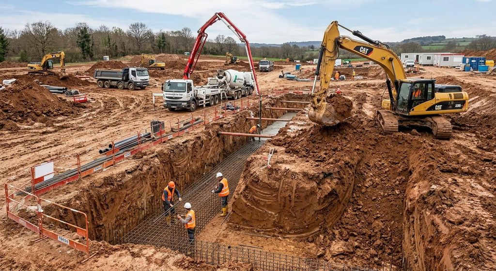 Chantier de terrassement avec fouilles profondes pour semelles filantes en béton armé sur terrain argileux.