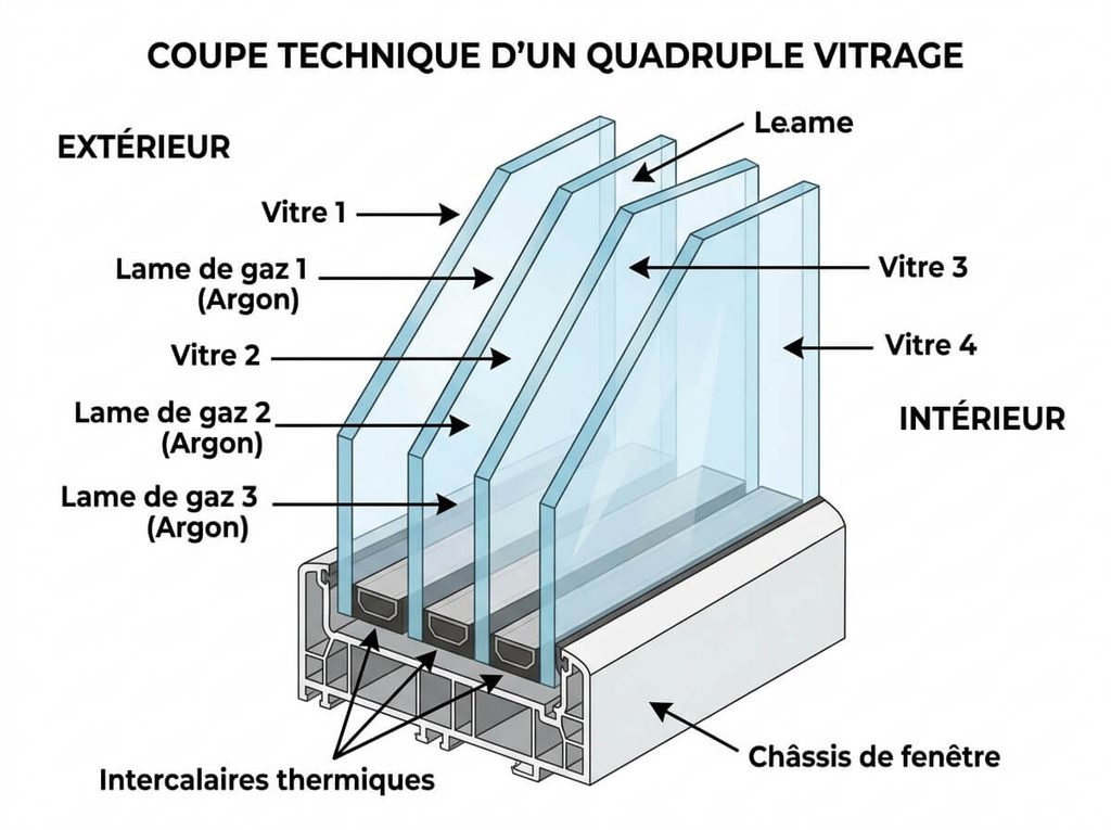Quadruple vitrage : performances, limites et cas où il est utile 3 Coupe technique montrant les quatre vitres et les trois lames de gaz isolant d'un quadruple vitrage.