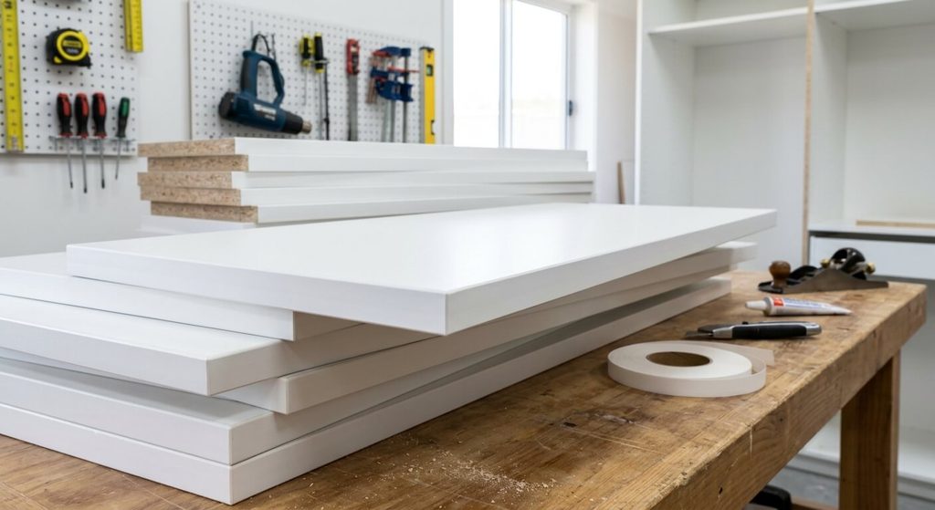 Quel bois pour un dressing : le guide pour bien choisir 3 Panneau mélaminé blanc avec bande de chant posée pour la réalisation d'étagères de placard.