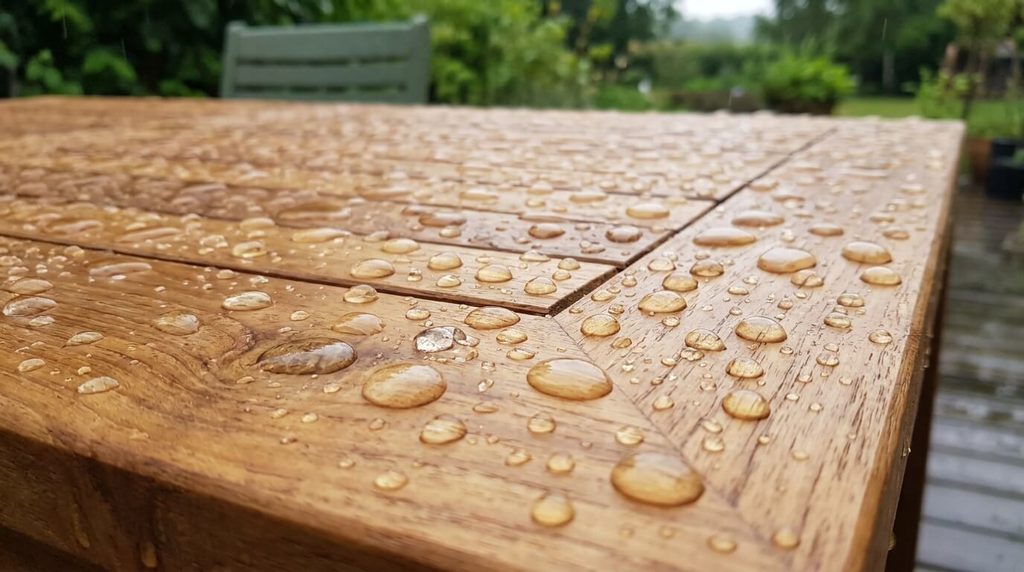 Vernis bois hydrofuge Woodprotect incolore extérieur : application, avis et tenue 3 Gouttes d'eau de pluie perlant sur une table de jardin en bois traitée avec Woodprotect incolore.