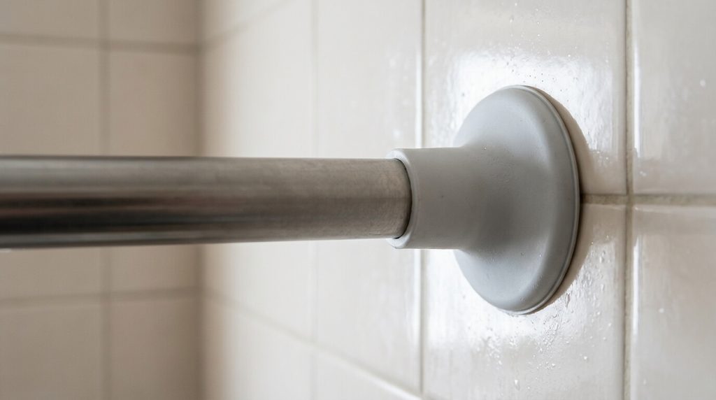 Embout ventouse en caoutchouc posé entre deux murs de carrelage pour empêcher la tringle de glisser.