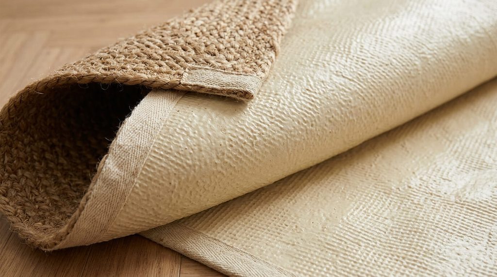 Dos d'un tapis en jute montrant une sous-couche protectrice en latex pour stabiliser le tapis sur le sol.