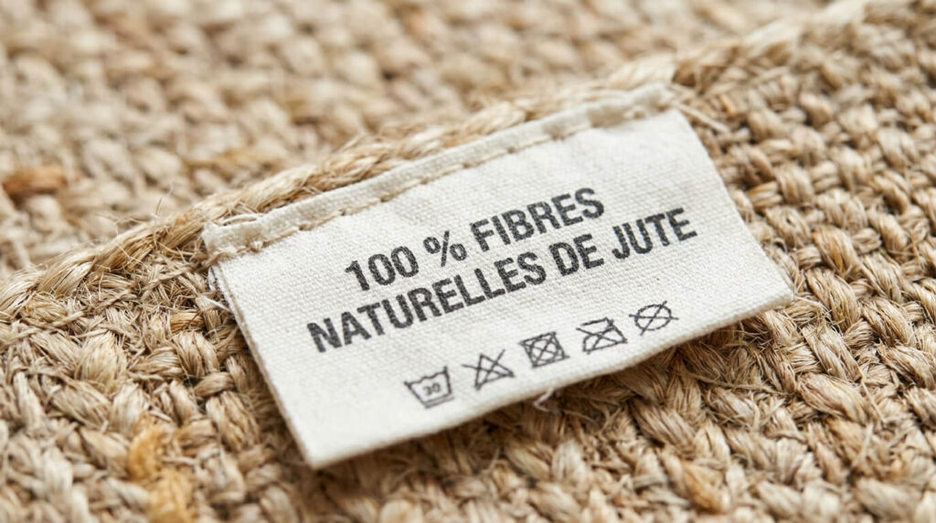 Gros plan sur l'étiquette textile d'un tapis indiquant 100 % fibres naturelles de jute.