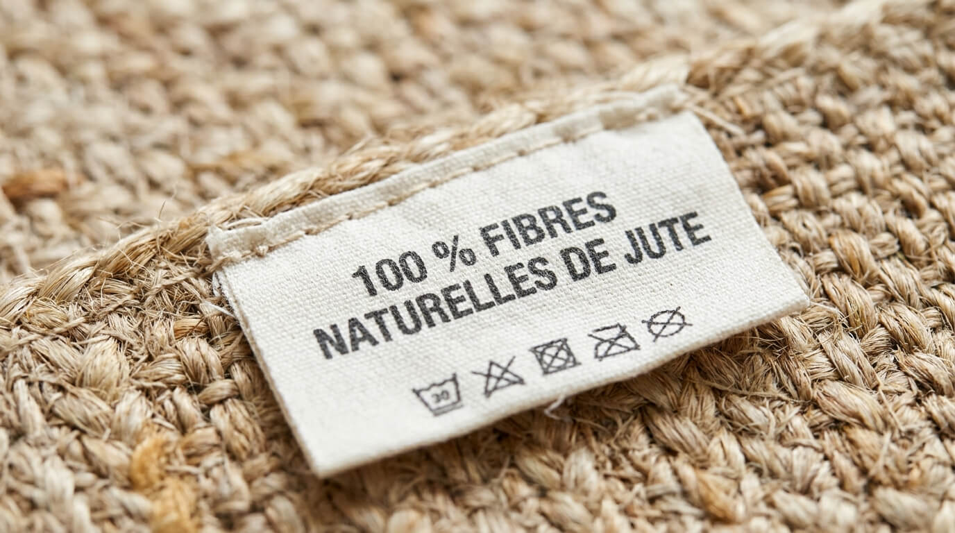 Gros plan sur l'étiquette textile d'un tapis indiquant 100 % fibres naturelles de jute.