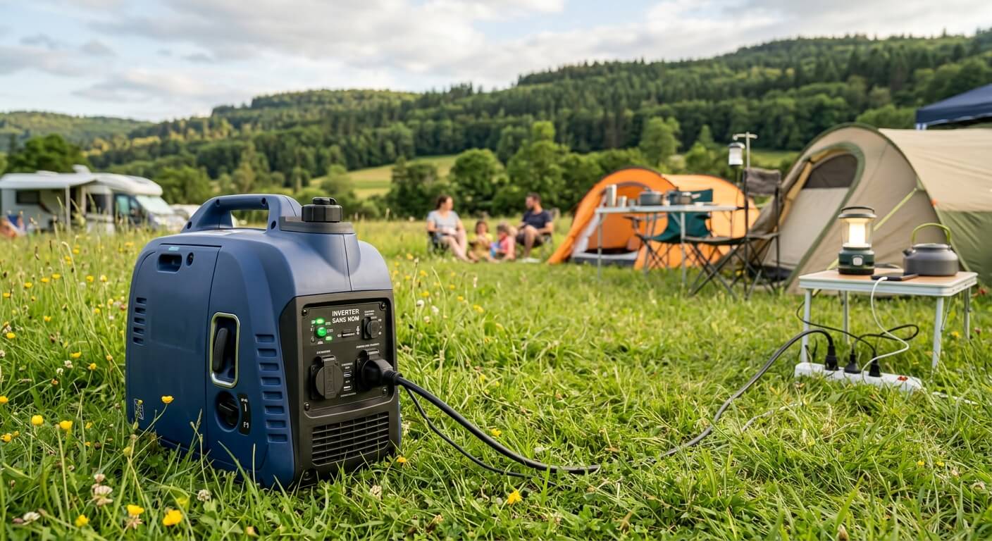 Groupe électrogène inverter portatif et silencieux posé dans l'herbe pour alimenter un campement de vacances.