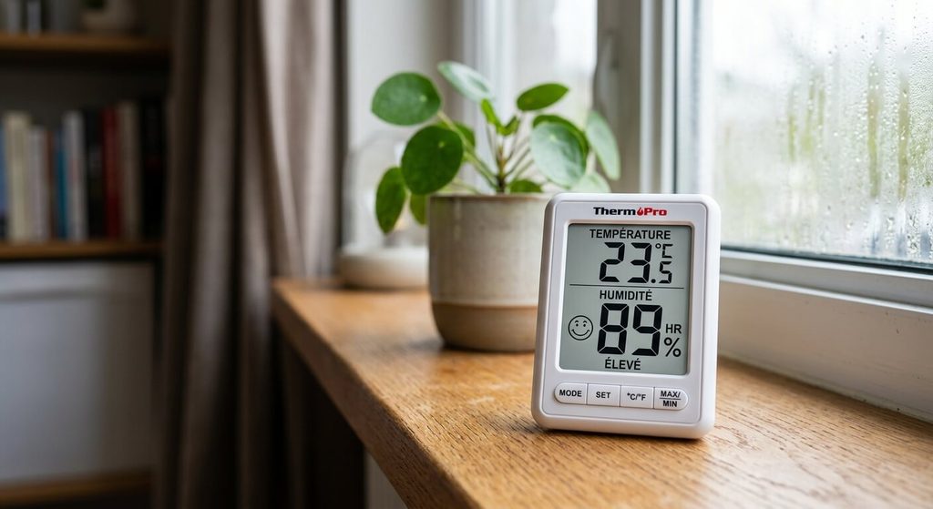 Taux d'humidité dans la maison quand il pleut : normes, causes et conseils 3 Hygromètre numérique d'intérieur affichant un taux d'humidité élevé près d'une fenêtre mouillée par la pluie.